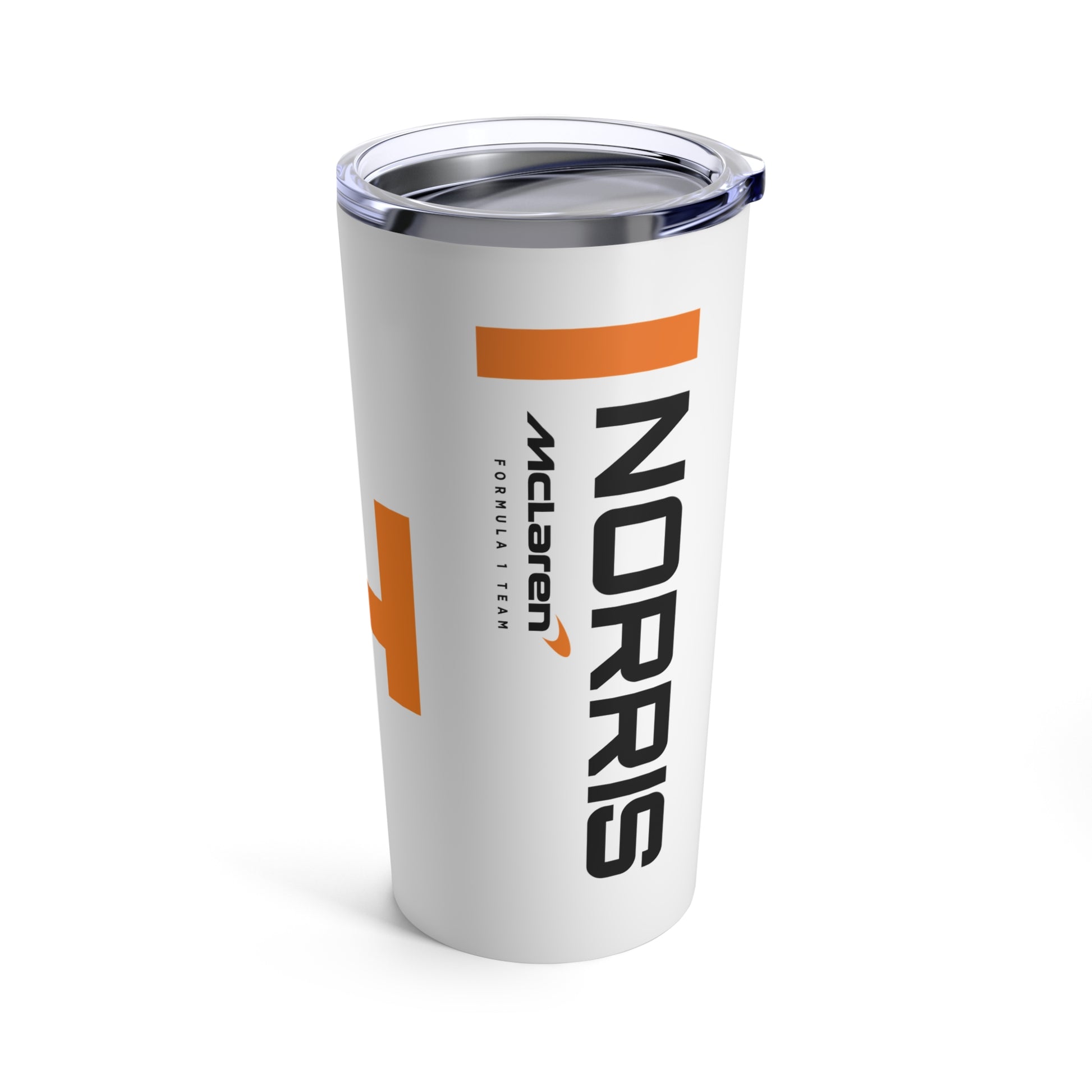 Lando Norris F1 coffee tumbler 20oz featuring a dynamic design with the driver's name and McLaren F1 branding, perfect for racing fans. This insulated coffee mug makes a great gift for him, combining style and functionality for McLaren supporters