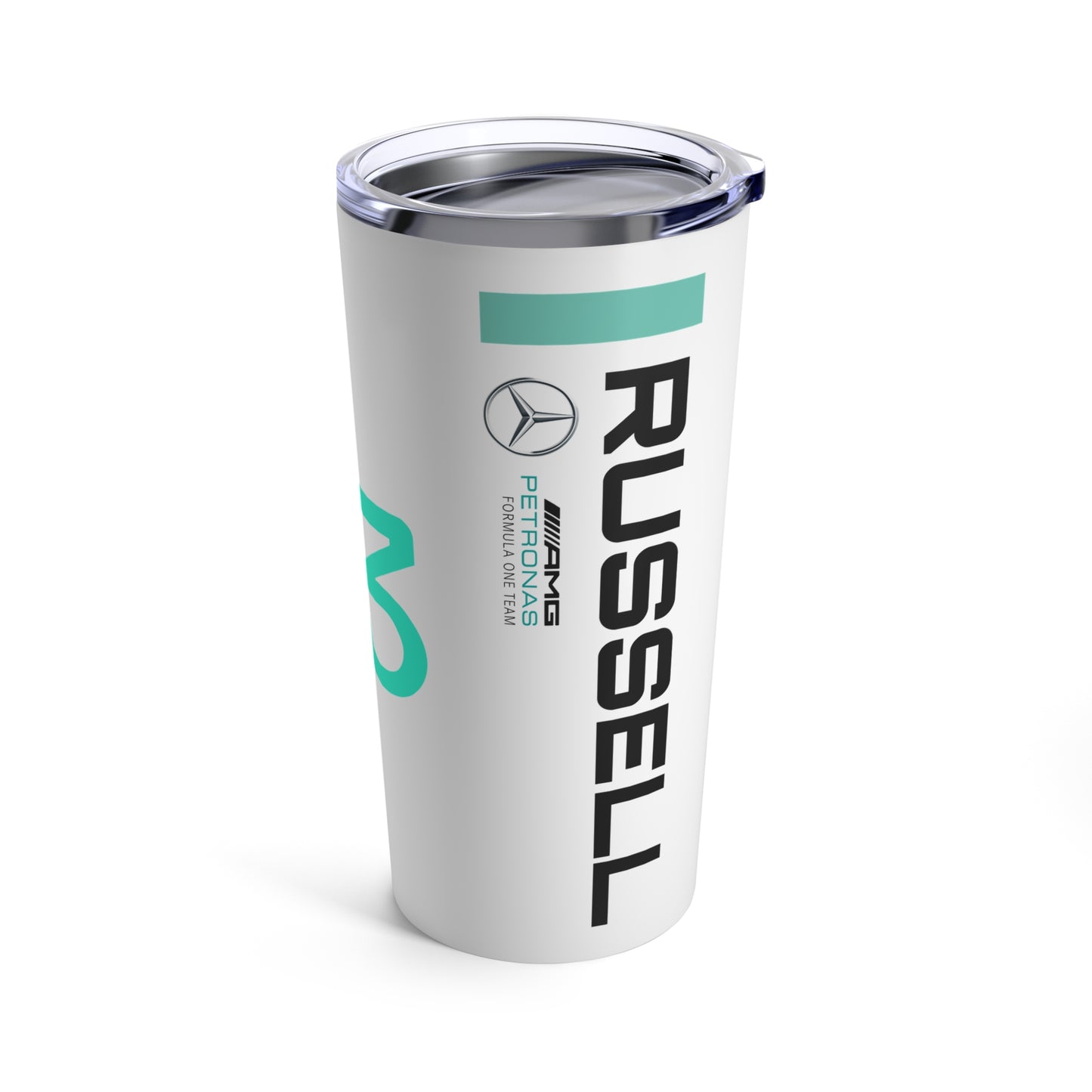 George Russell F1 racing tumbler 20oz featuring a sleek design with the driver's name and Mercedes F1 branding, ideal for racing enthusiasts. This insulated coffee mug makes a perfect gift for Mercedes F1 fans, offering both style and practicality