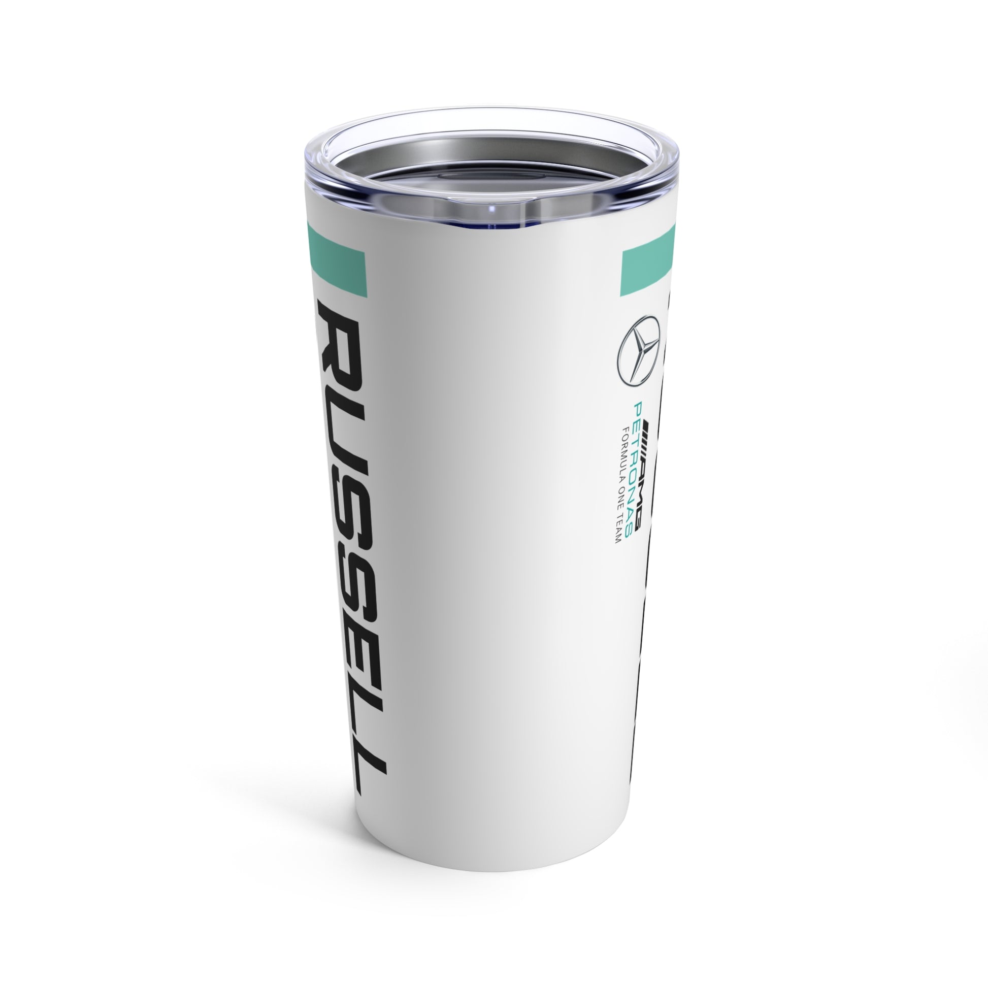 Side of George Russell F1 racing tumbler 20oz featuring a sleek design with the driver's name and Mercedes F1 branding, ideal for racing enthusiasts. This insulated coffee mug makes a perfect gift for Mercedes F1 fans, offering both style and practicality