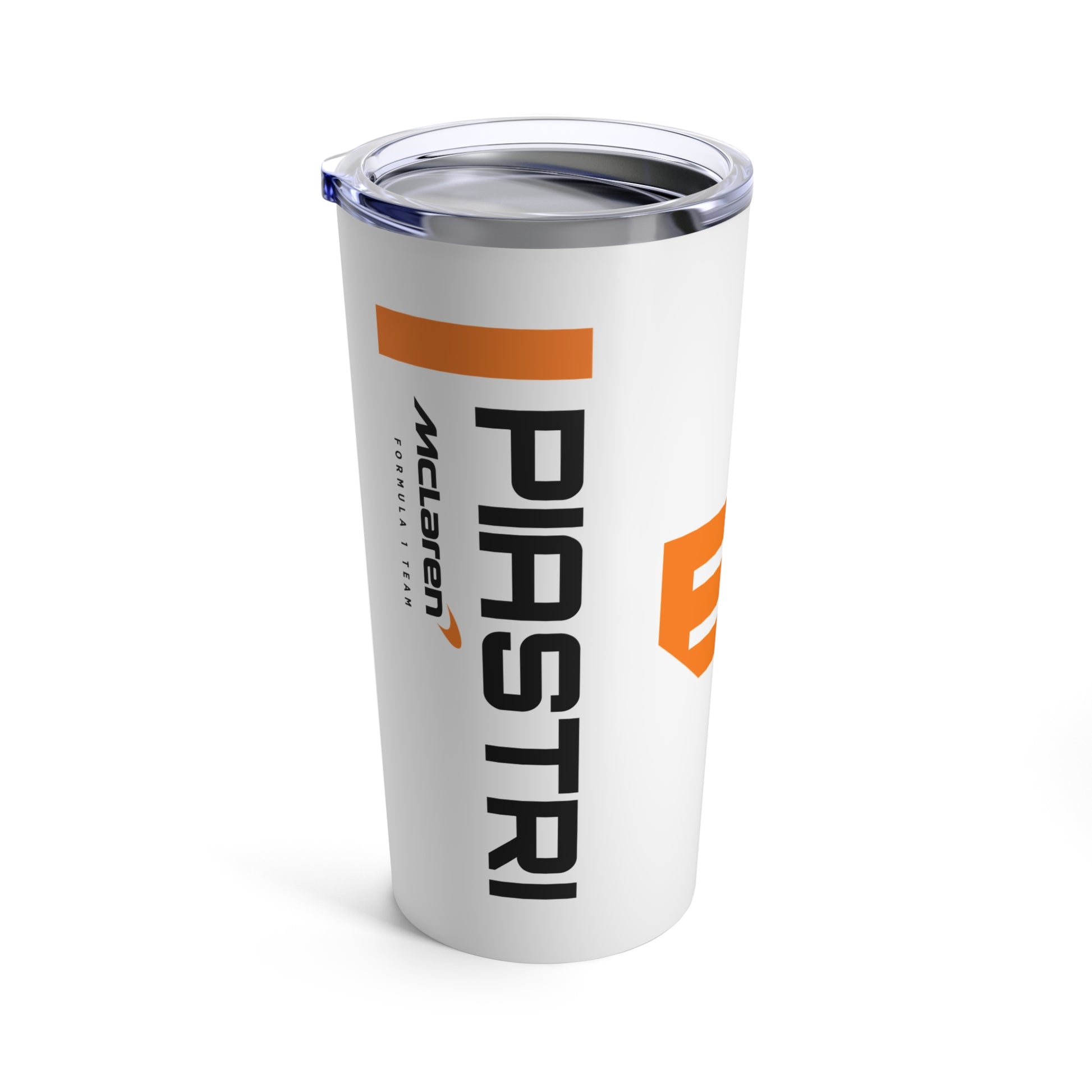 Oscar Piastri 20oz tumbler featuring a sleek design with McLaren Racing branding, perfect for F1 fans. This durable, insulated coffee mug makes a great gift for him, ideal for enjoying beverages while supporting the racing star