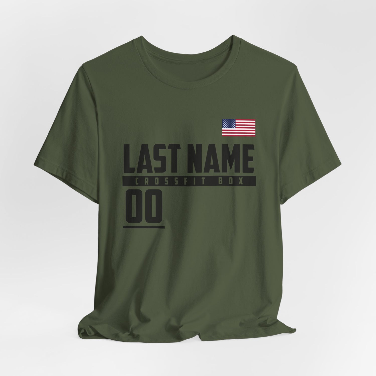 Military Green Custom CrossFit athlete t-shirt featuring customizable text and a bold design, perfect for CrossFit enthusiasts and CrossFit Games fans. A great gift for athletes looking to showcase their passion and dedication