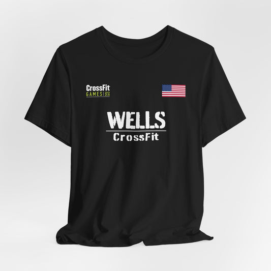 Black Brooke Wells CrossFit Games t-shirt featuring the athlete's name and logo in a bold design, perfect for fans and supporters of the CrossFit athlete. A stylish jersey showcasing dedication to the sport.