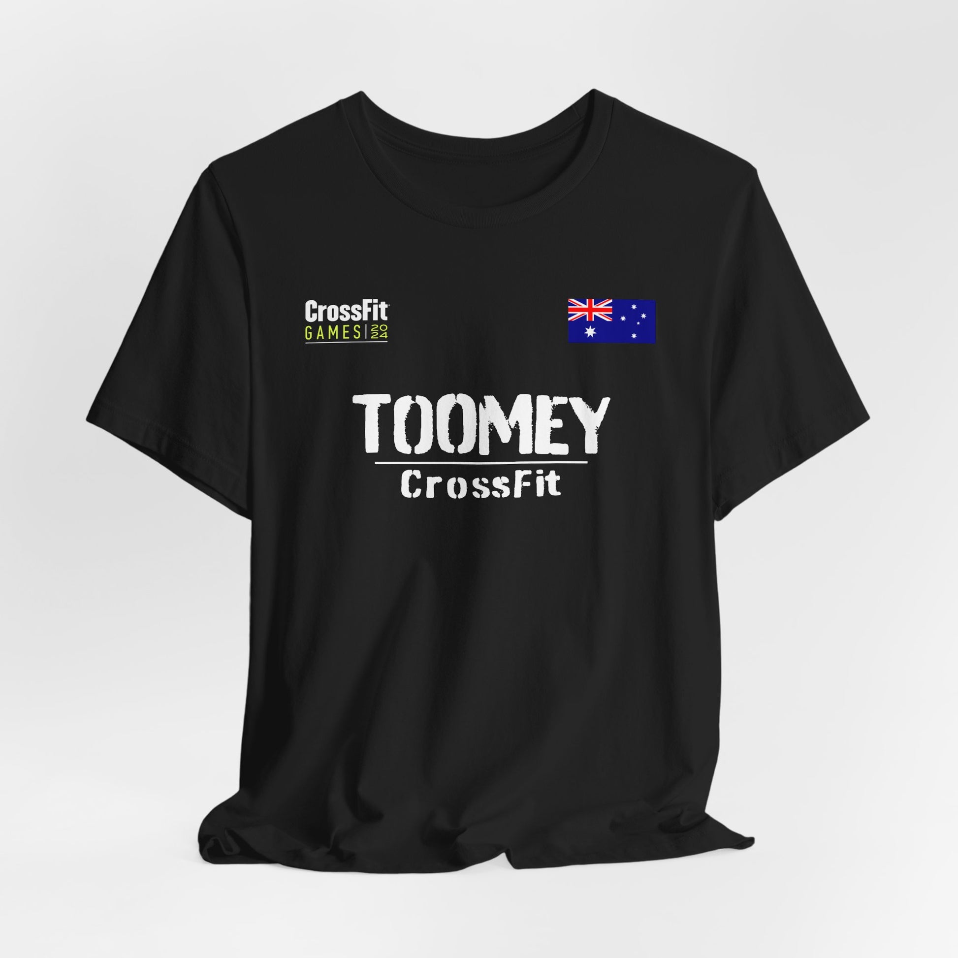 Black Tia Clair-Toomey CrossFit Games t-shirt featuring the athlete's name and logo in a bold design, perfect for fans and supporters of the CrossFit athlete. A stylish jersey showcasing dedication to the sport.