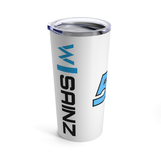 Carlos Sainz 20oz coffee tumbler featuring a sleek design with the driver's name and Team Williams branding, ideal for F1 fans. This insulated tumbler makes a perfect Williams F1 racing fan gift, combining style and practicality