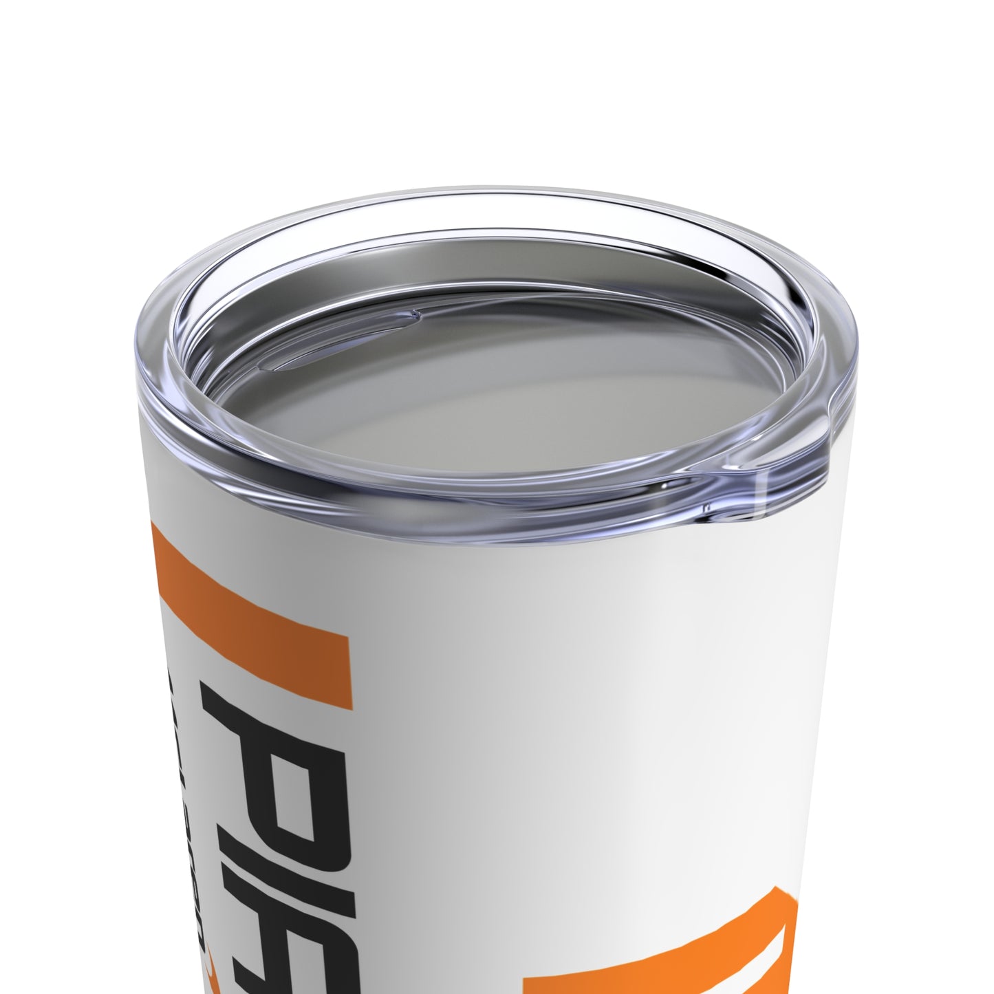 Closeup of lid for Oscar Piastri 20oz tumbler featuring a sleek design with McLaren Racing branding, perfect for F1 fans. This durable, insulated coffee mug makes a great gift for him, ideal for enjoying beverages while supporting the racing star