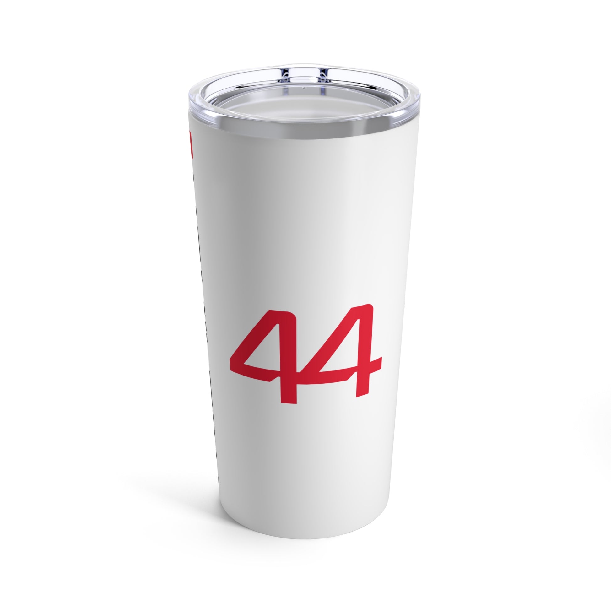 Back of Lewis Hamilton F1 racing tumbler 20oz featuring a sleek design with the driver's name and Ferrari branding, perfect for racing fans. This insulated coffee mug makes a great gift for Ferrari F1 supporters, combining style and functionality