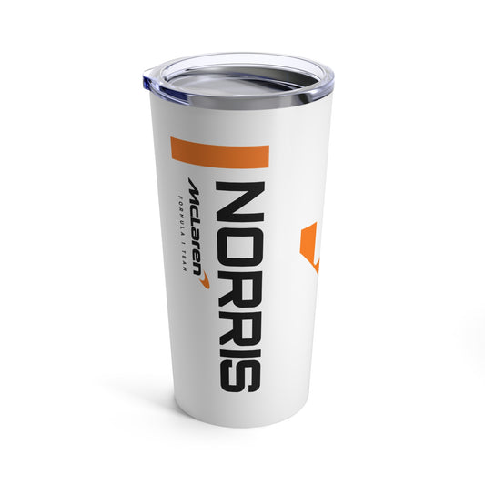 Lando Norris F1 coffee tumbler 20oz featuring a dynamic design with the driver's name and McLaren F1 branding, perfect for racing fans. This insulated coffee mug makes a great gift for him, combining style and functionality for McLaren supporters