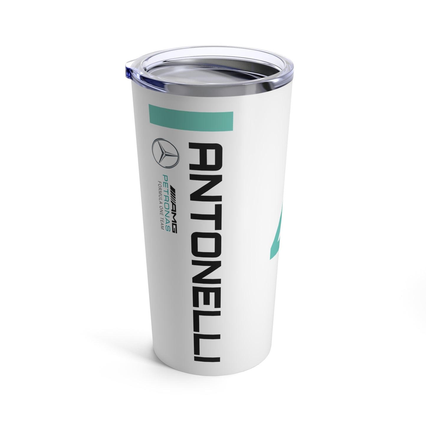 Kimi Antonelli F1 racing tumbler 20oz featuring a stylish design with the driver's name and Mercedes F1 branding, perfect for Formula One fans. This insulated coffee mug makes a great gift for Mercedes F1 supporters, combining durability and fan pride.