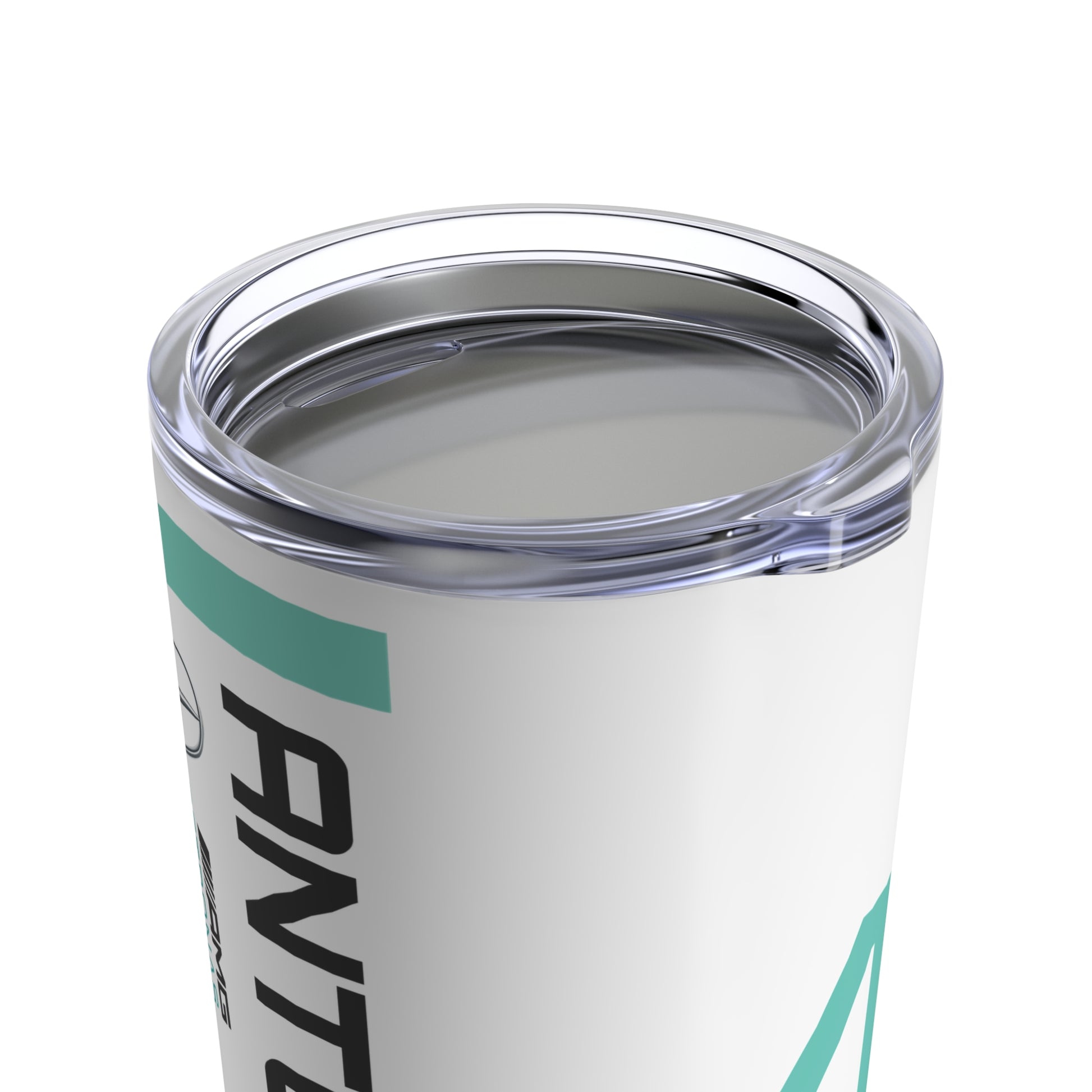 Lid of Kimi Antonelli F1 racing tumbler 20oz featuring a stylish design with the driver's name and Mercedes F1 branding, perfect for Formula One fans. This insulated coffee mug makes a great gift for Mercedes F1 supporters, combining durability and fan pride.