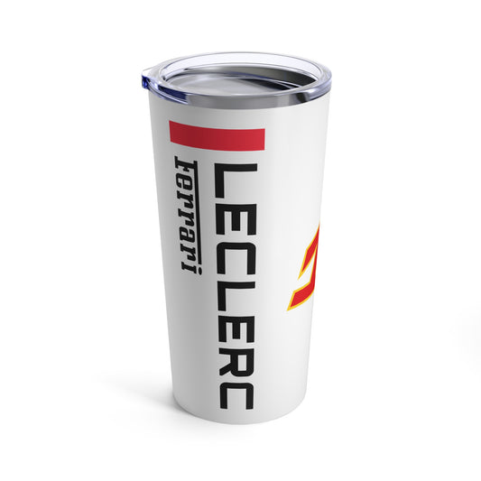 Charles Leclerc Formula 1 coffee tumbler 20oz featuring a sleek design with the driver's name and Ferrari F1 branding, perfect for racing fans. This insulated mug makes a great gift for Formula 1 supporters, combining style and practicality