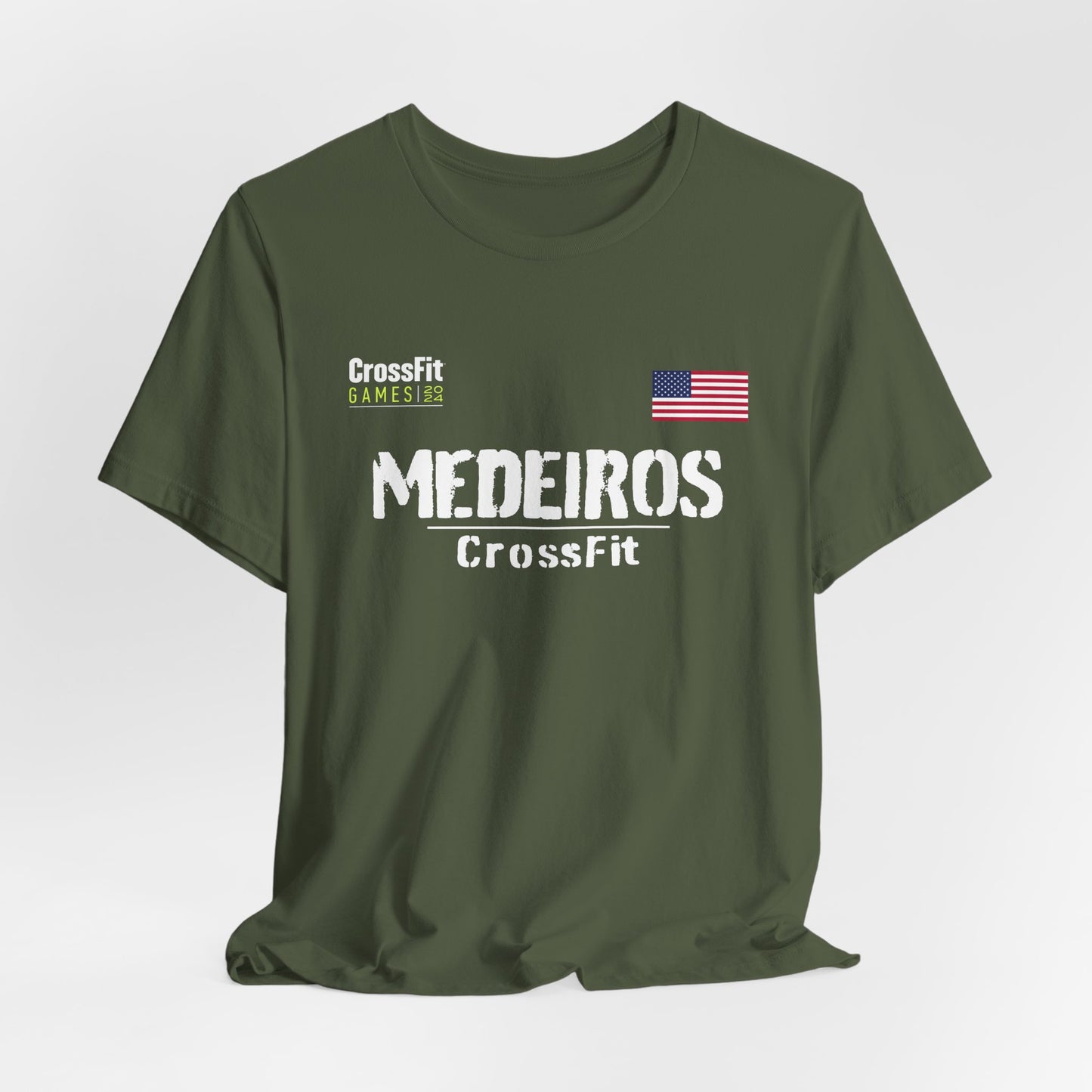 Military Green Justin Medeiros CrossFit Games t-shirt featuring the athlete's name and logo in a bold design, perfect for fans and supporters of the CrossFit athlete. A stylish jersey showcasing dedication to the sport.