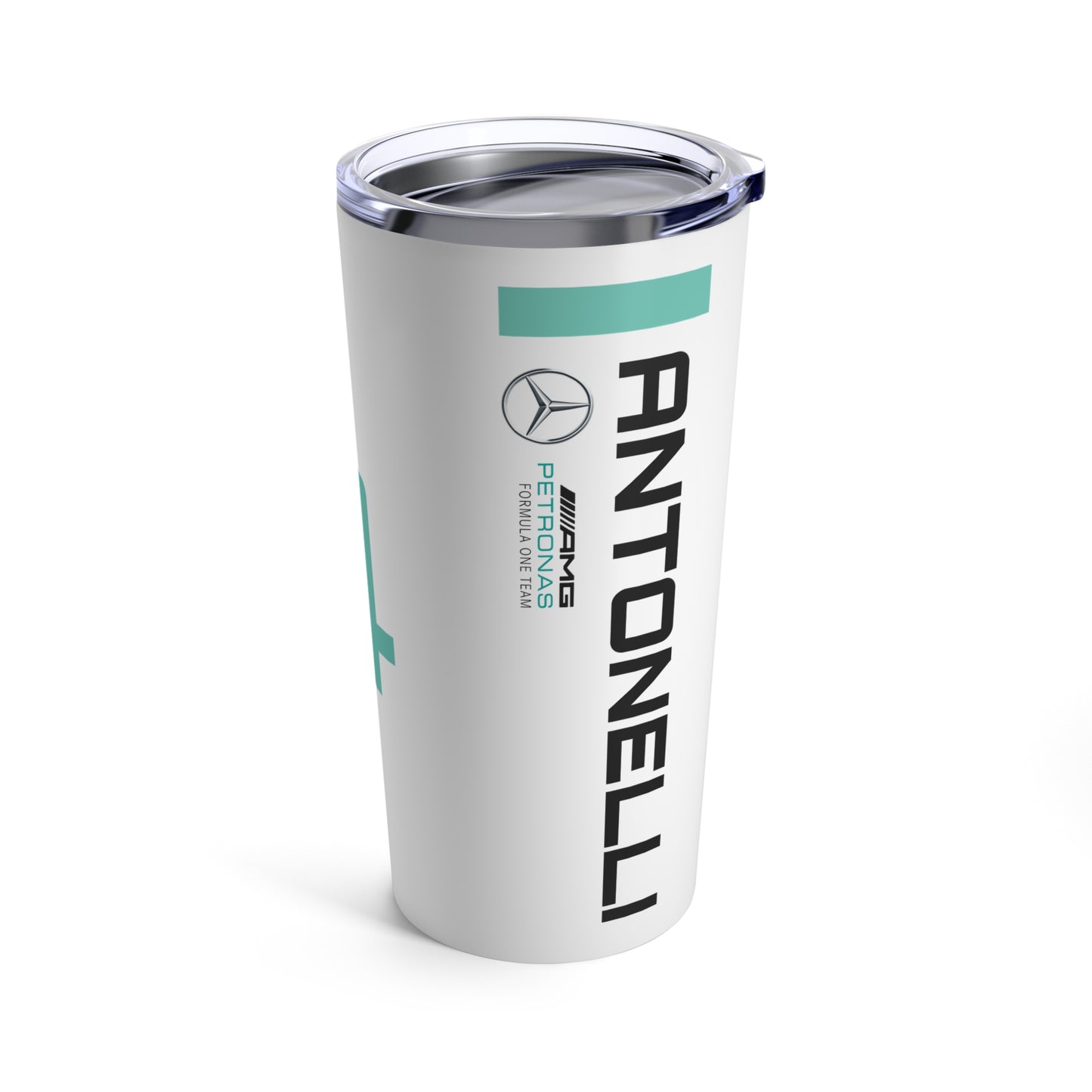 Kimi Antonelli F1 racing tumbler 20oz featuring a stylish design with the driver's name and Mercedes F1 branding, perfect for Formula One fans. This insulated coffee mug makes a great gift for Mercedes F1 supporters, combining durability and fan pride.