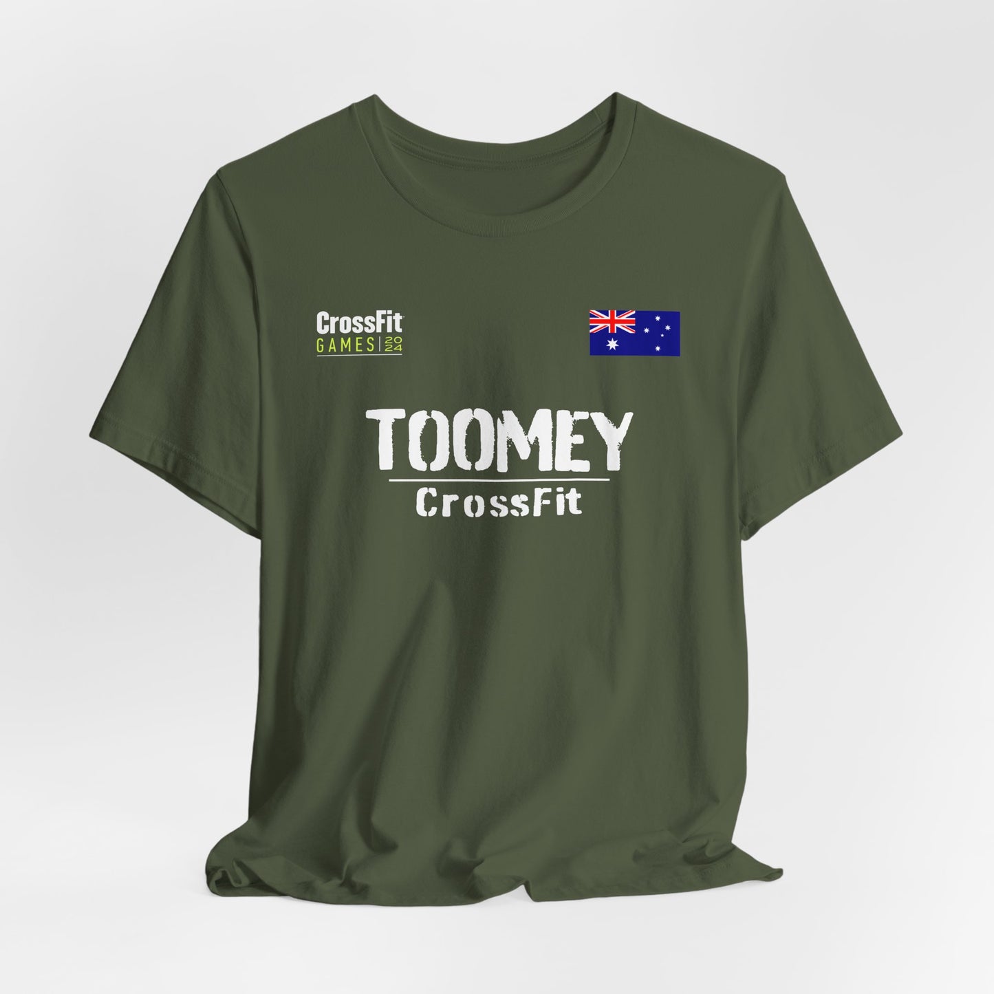 Military Green Tia Clair-Toomey CrossFit Games t-shirt featuring the athlete's name and logo in a bold design, perfect for fans and supporters of the CrossFit athlete. A stylish jersey showcasing dedication to the sport.