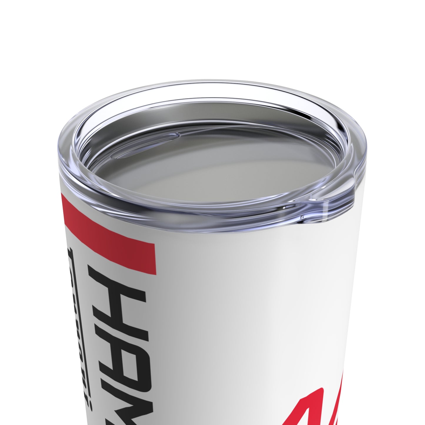 closeup of lid of Lewis Hamilton F1 racing tumbler 20oz featuring a sleek design with the driver's name and Ferrari branding, perfect for racing fans. This insulated coffee mug makes a great gift for Ferrari F1 supporters, combining style and functionality