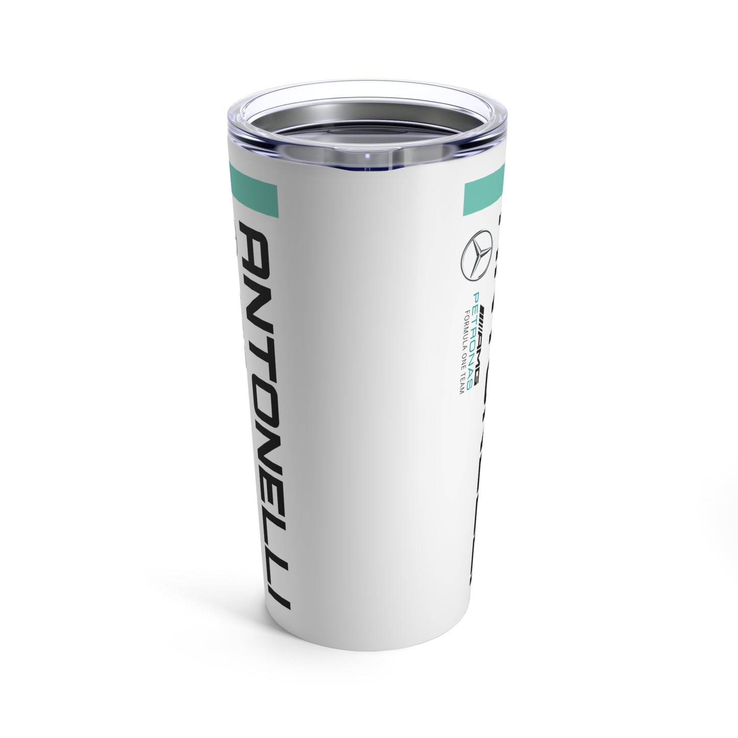 Side of Kimi Antonelli F1 racing tumbler 20oz featuring a stylish design with the driver's name and Mercedes F1 branding, perfect for Formula One fans. This insulated coffee mug makes a great gift for Mercedes F1 supporters, combining durability and fan pride.