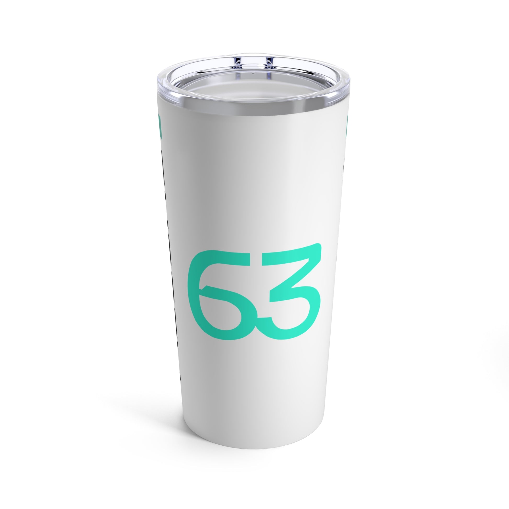 Back of George Russell F1 racing tumbler 20oz featuring a sleek design with the driver's name and Mercedes F1 branding, ideal for racing enthusiasts. This insulated coffee mug makes a perfect gift for Mercedes F1 fans, offering both style and practicality