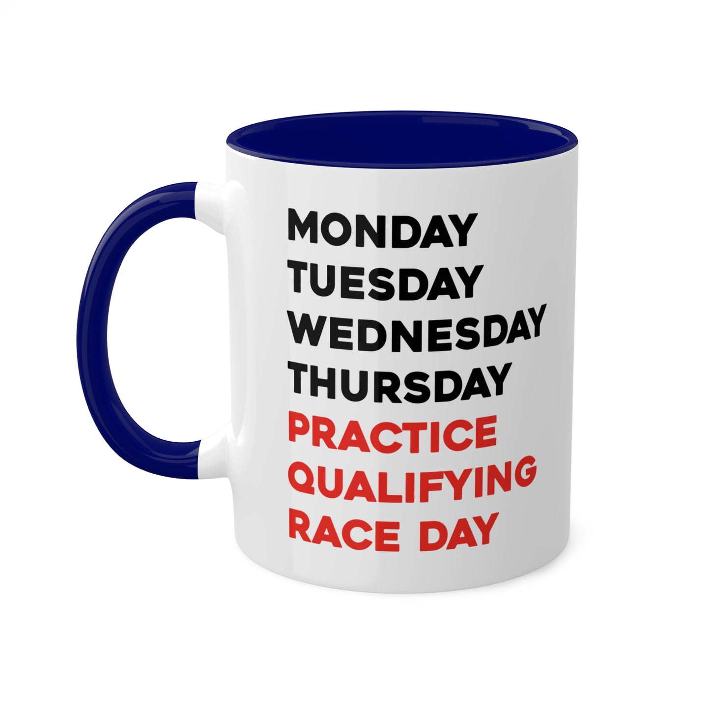 Blue Formula One race day colorful coffee mugs set featuring each day of the week, with F1-themed branding. This 11oz mug collection is perfect for racing fans, adding a dynamic touch to any kitchen or office