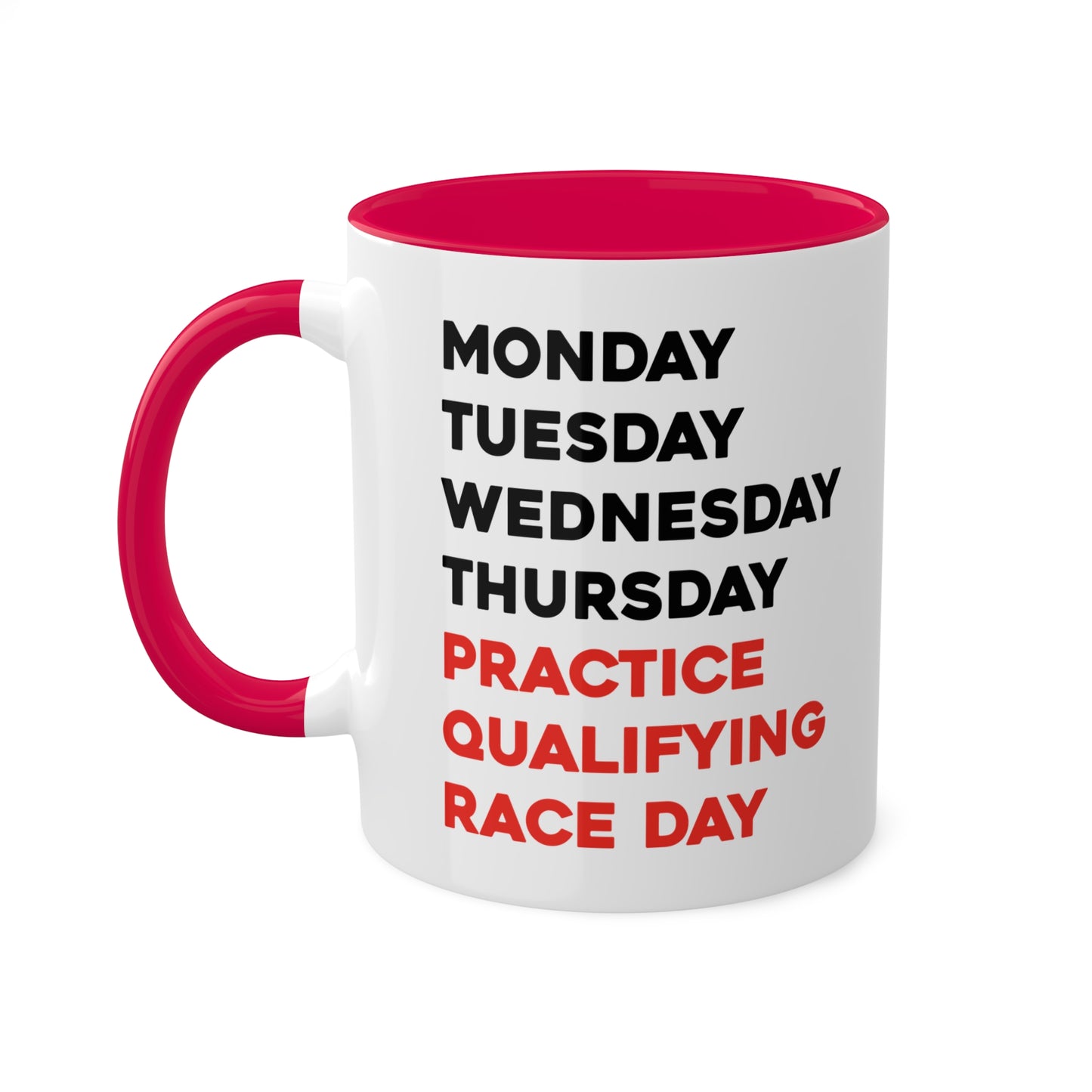 Red Formula One race day colorful coffee mugs set featuring each day of the week, with F1-themed branding. This 11oz mug collection is perfect for racing fans, adding a dynamic touch to any kitchen or office