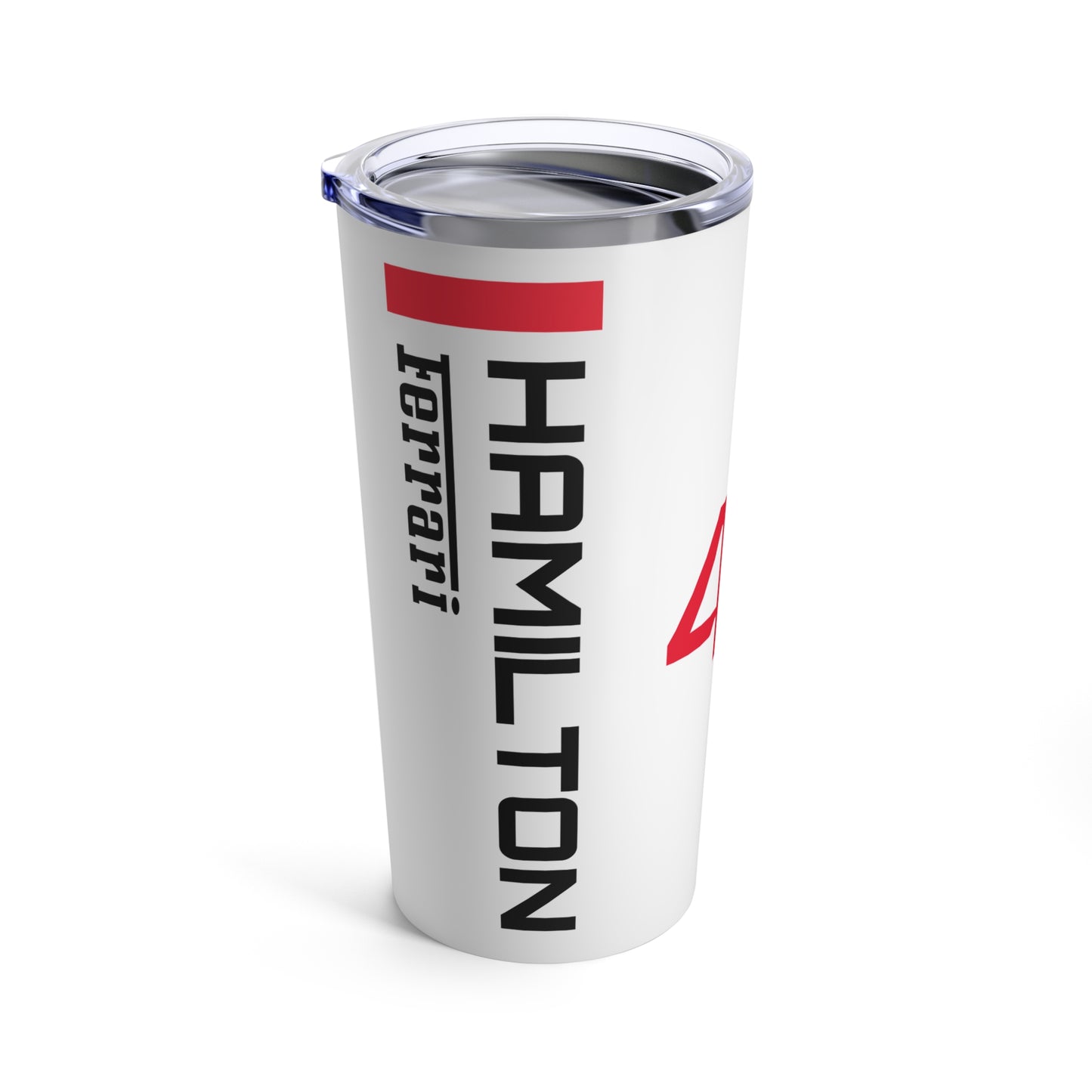 Lewis Hamilton F1 racing tumbler 20oz featuring a sleek design with the driver's name and Ferrari branding, perfect for racing fans. This insulated coffee mug makes a great gift for Ferrari F1 supporters, combining style and functionality