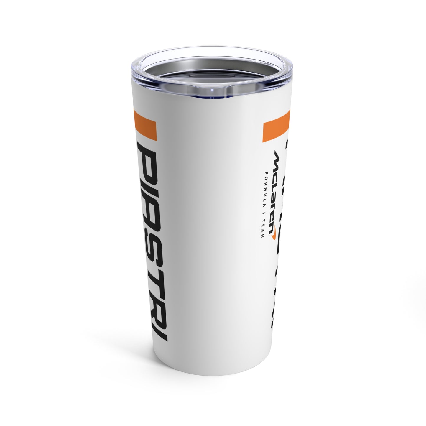 Side of Oscar Piastri 20oz tumbler featuring a sleek design with McLaren Racing branding, perfect for F1 fans. This durable, insulated coffee mug makes a great gift for him, ideal for enjoying beverages while supporting the racing star