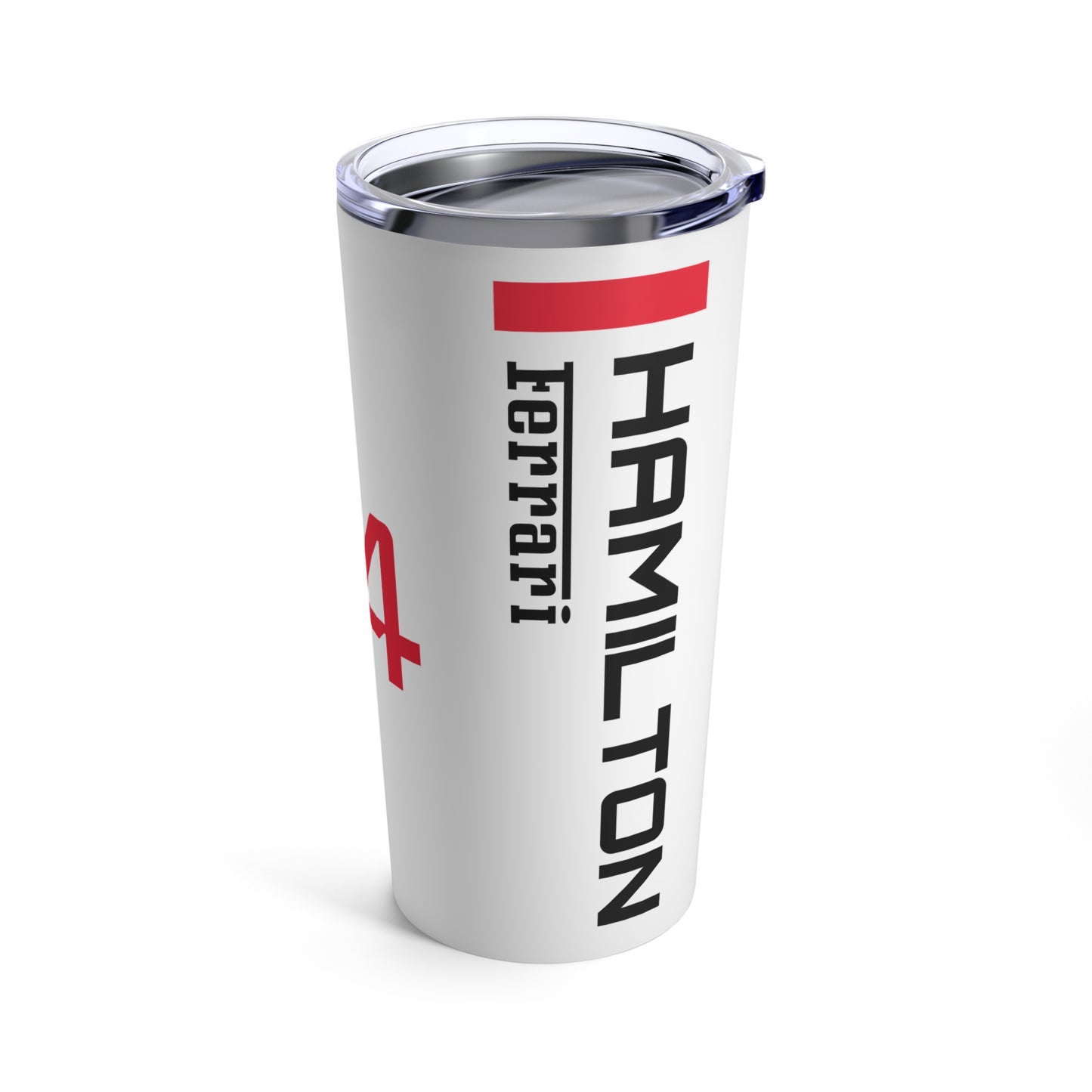 Lewis Hamilton F1 racing tumbler 20oz featuring a sleek design with the driver's name and Ferrari branding, perfect for racing fans. This insulated coffee mug makes a great gift for Ferrari F1 supporters, combining style and functionality