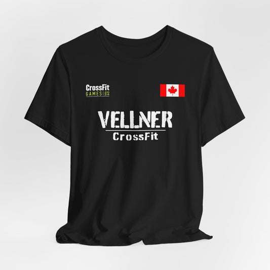 Black Patrick Vellner CrossFit Games t-shirt featuring the athlete's name and logo in a bold design, perfect for fans and supporters of the CrossFit athlete. A stylish jersey showcasing dedication to the sport.