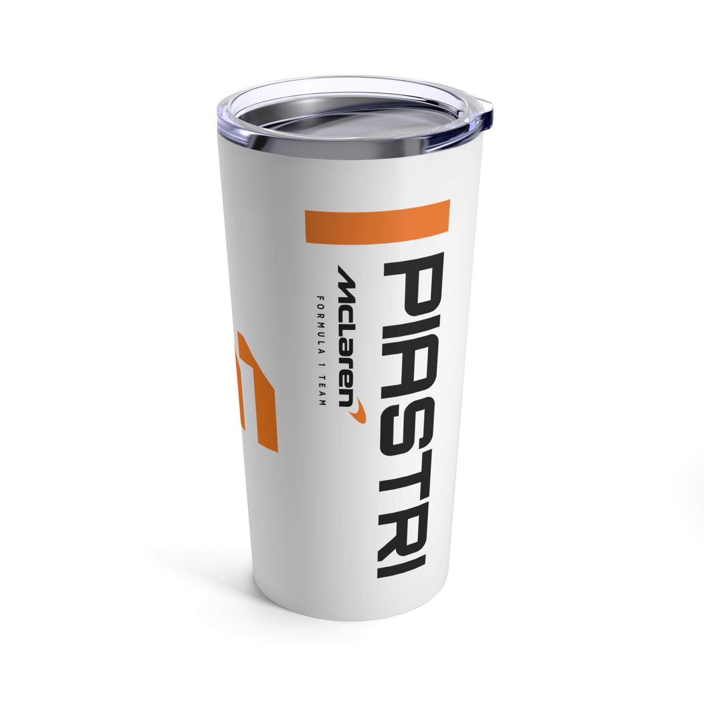 Oscar Piastri 20oz tumbler featuring a sleek design with McLaren Racing branding, perfect for F1 fans. This durable, insulated coffee mug makes a great gift for him, ideal for enjoying beverages while supporting the racing star