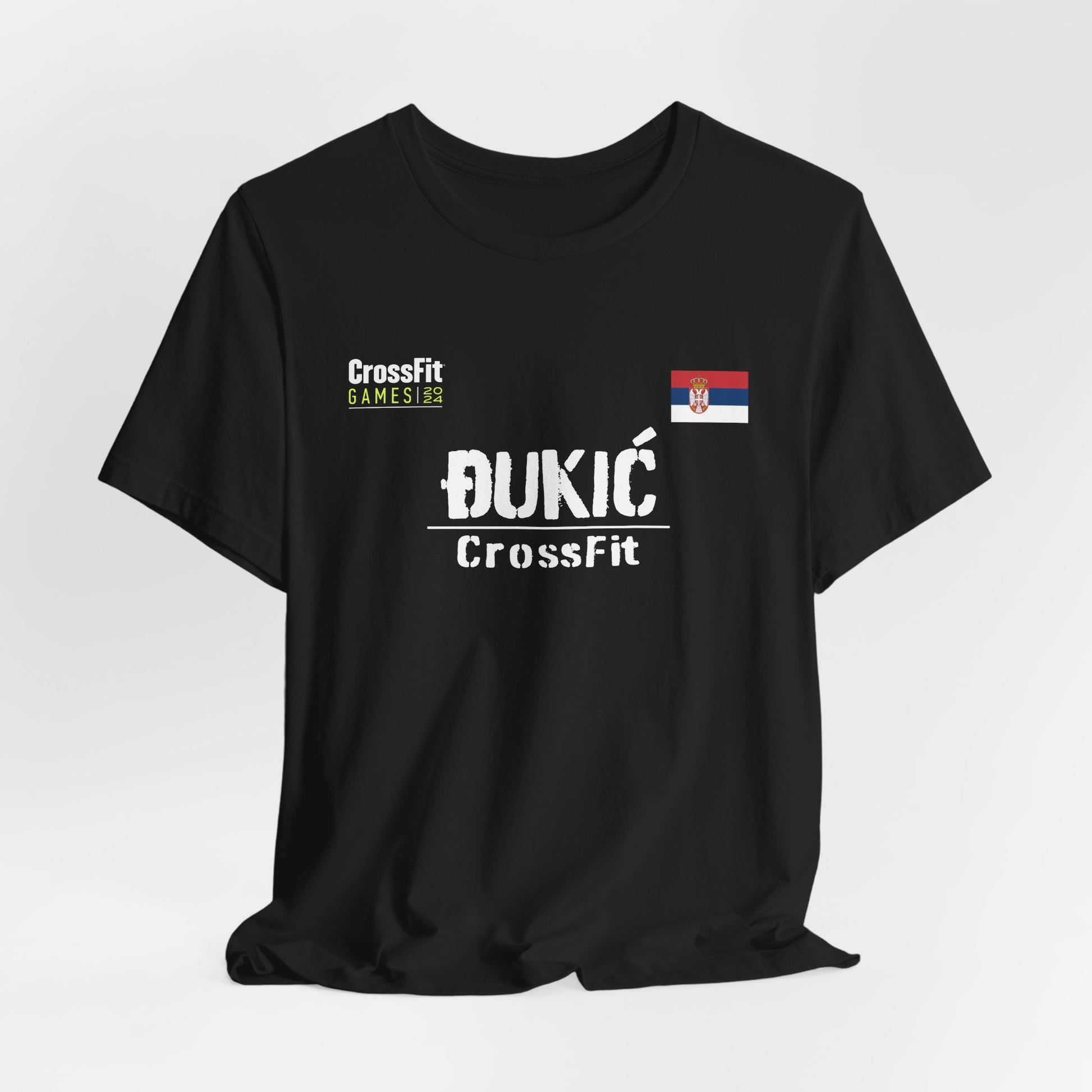 Black Lazar Dukic CrossFit Games t-shirt featuring the athlete's name and logo in a bold design, perfect for fans and supporters of the CrossFit athlete. A stylish jersey showcasing dedication to the sport.