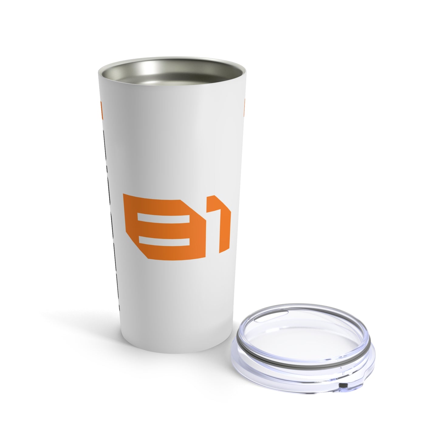 Lid of Oscar Piastri 20oz tumbler featuring a sleek design with McLaren Racing branding, perfect for F1 fans. This durable, insulated coffee mug makes a great gift for him, ideal for enjoying beverages while supporting the racing star