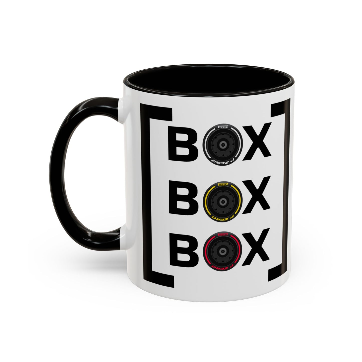 Formula One 'Box Box Pitstop' colorful coffee mug featuring vibrant racing-themed graphics, with the iconic pitstop call design. This 11oz mug is perfect for F1 fans, adding a bold and energetic touch to their morning routine