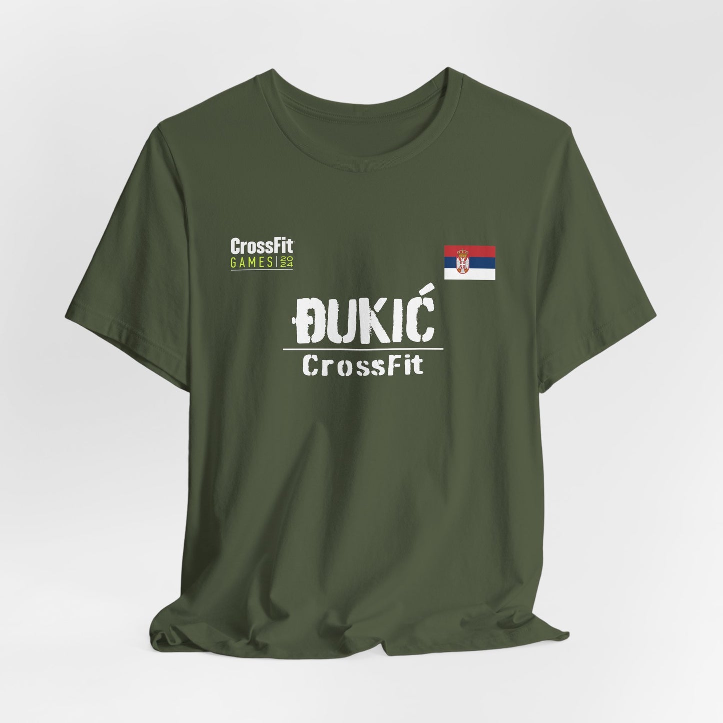 Military Green Lazar Dukic CrossFit Games t-shirt featuring the athlete's name and logo in a bold design, perfect for fans and supporters of the CrossFit athlete. A stylish jersey showcasing dedication to the sport.