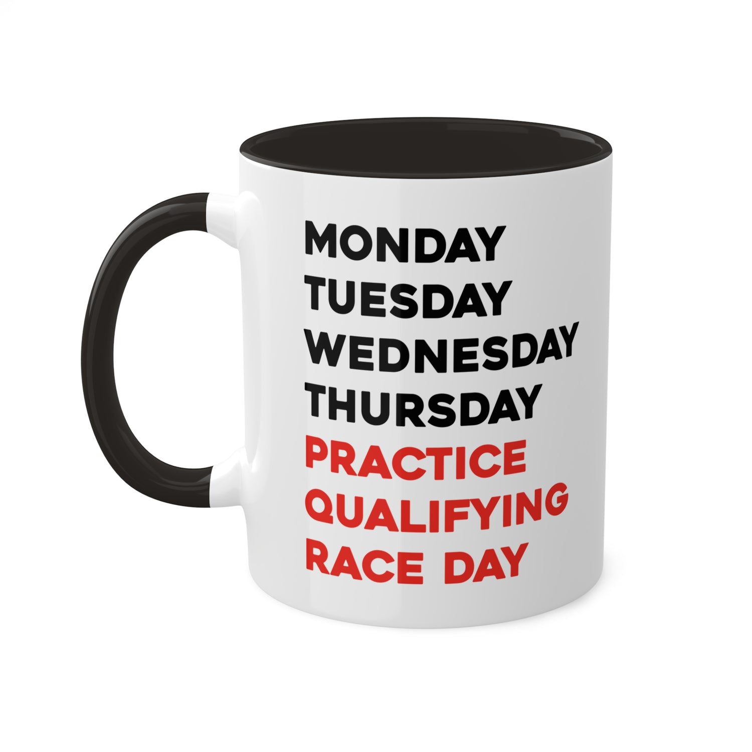 Formula One race day colorful coffee mugs set featuring each day of the week, with F1-themed branding. This 11oz mug collection is perfect for racing fans, adding a dynamic touch to any kitchen or office