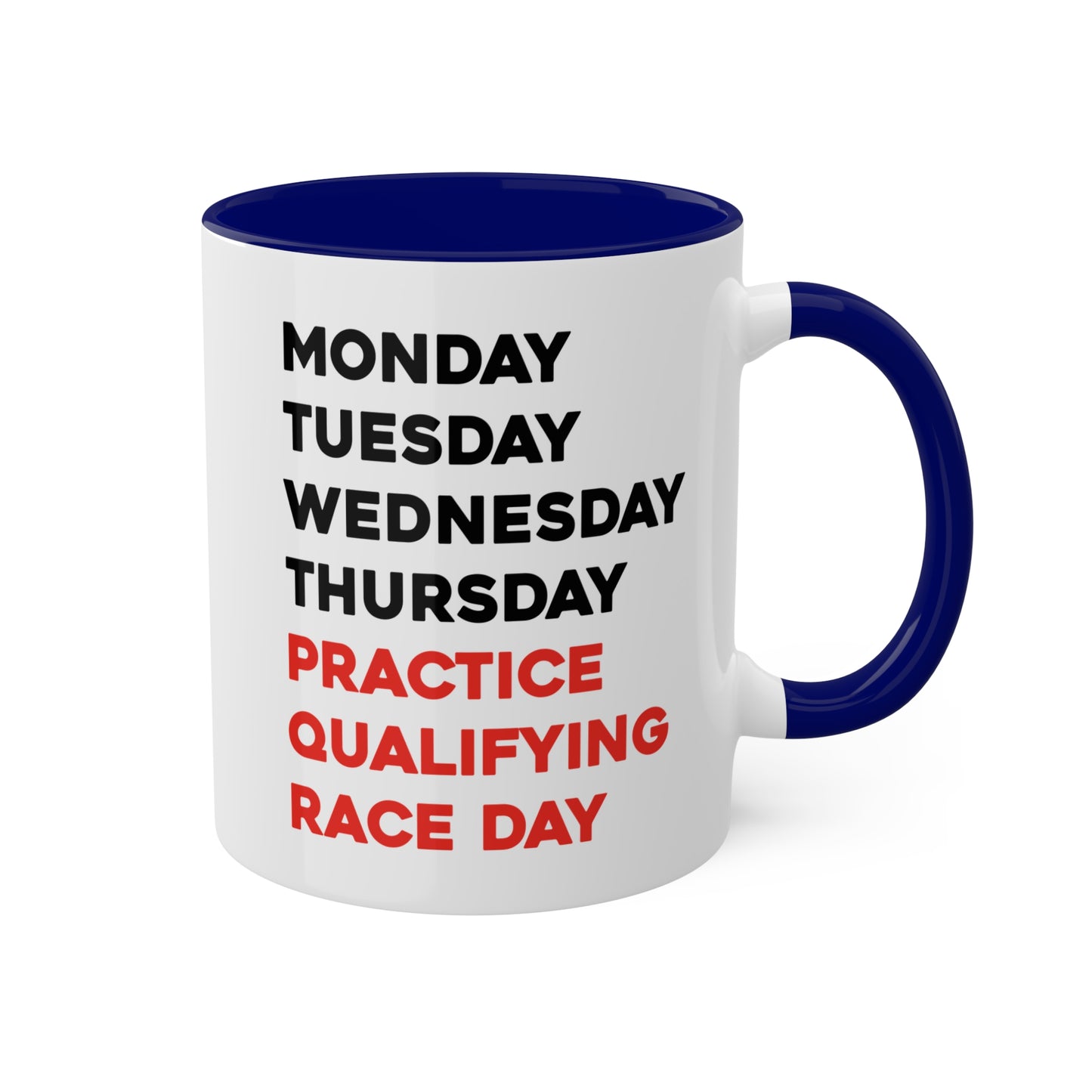 Formula One Race Day Colorful Coffee Mugs, F1 Days of the Week 11oz Mug