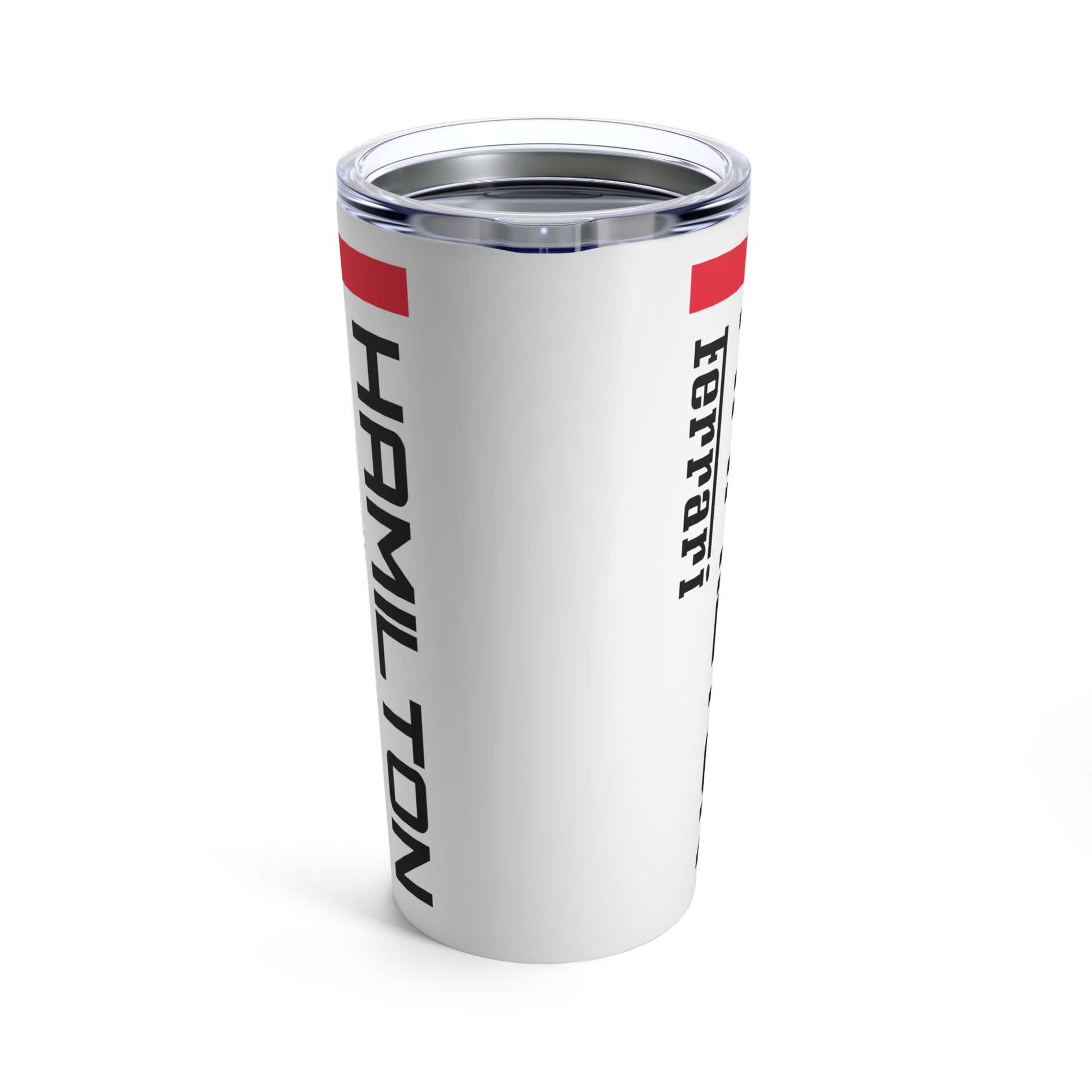 Side of Lewis Hamilton F1 racing tumbler 20oz featuring a sleek design with the driver's name and Ferrari branding, perfect for racing fans. This insulated coffee mug makes a great gift for Ferrari F1 supporters, combining style and functionality