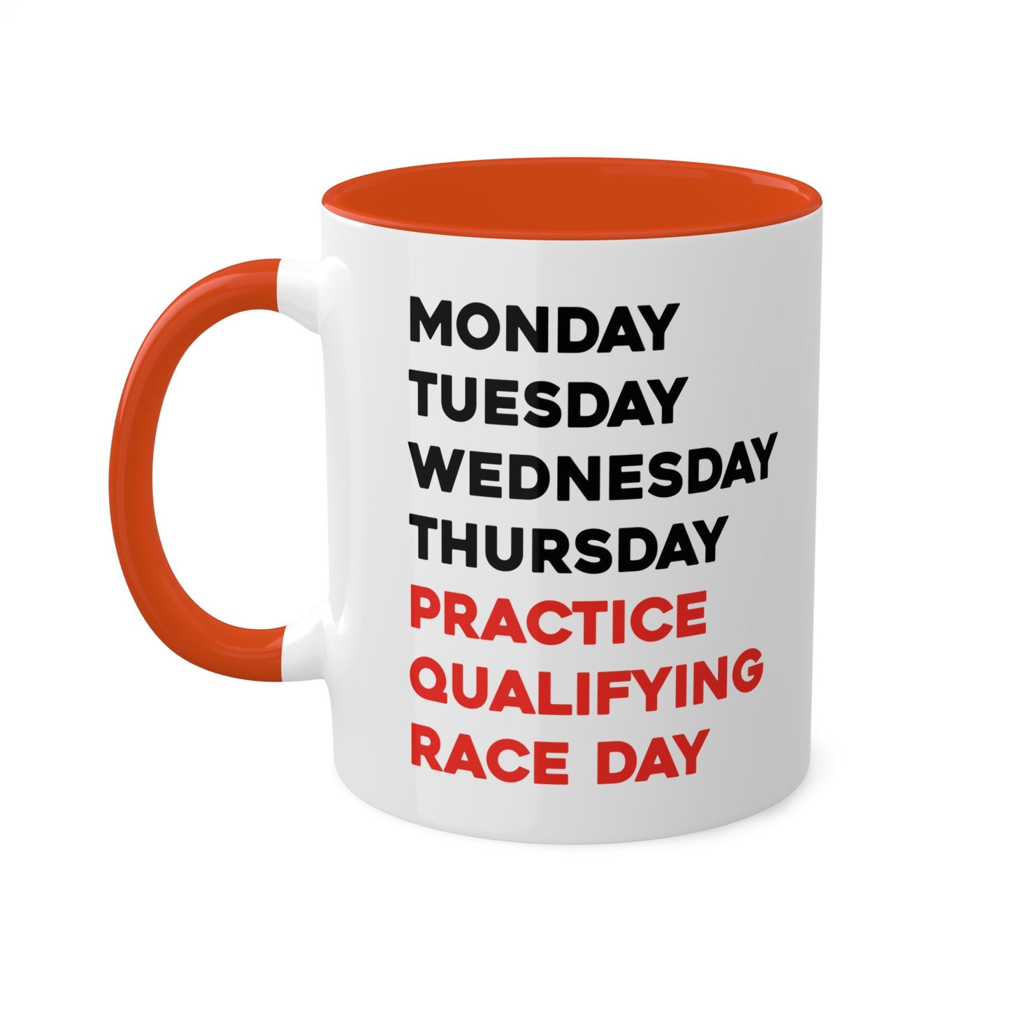 Orange Formula One race day colorful coffee mugs set featuring each day of the week, with F1-themed branding. This 11oz mug collection is perfect for racing fans, adding a dynamic touch to any kitchen or office