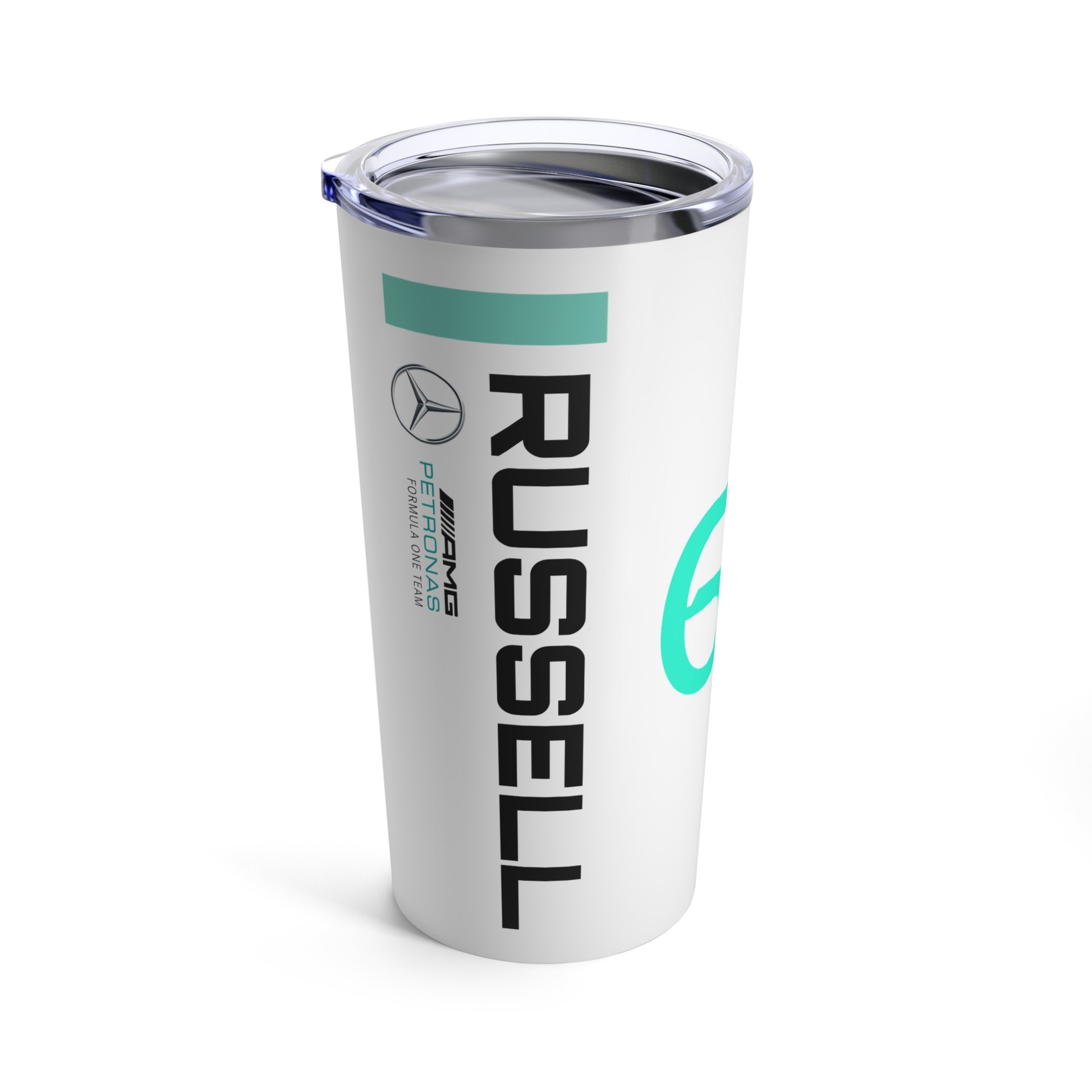 George Russell F1 racing tumbler 20oz featuring a sleek design with the driver's name and Mercedes F1 branding, ideal for racing enthusiasts. This insulated coffee mug makes a perfect gift for Mercedes F1 fans, offering both style and practicality