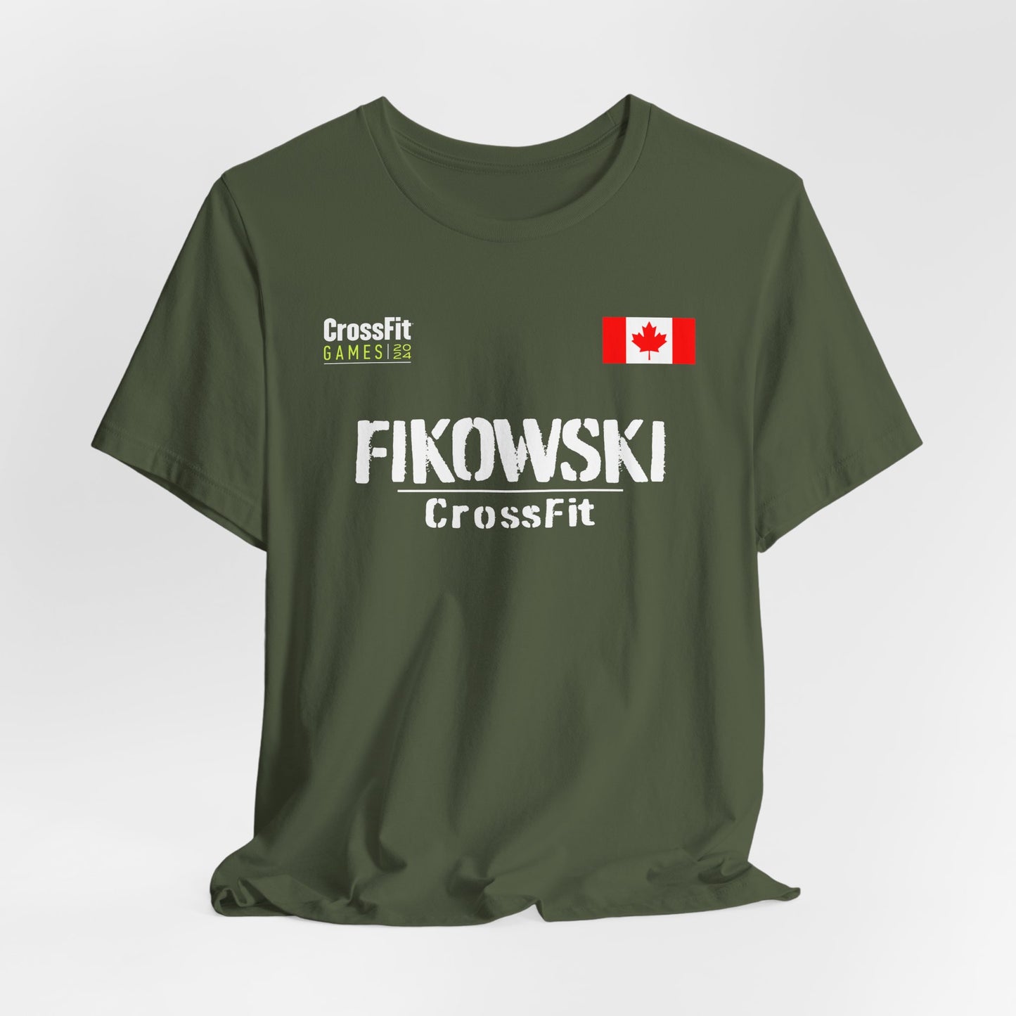 Military Green Brent Fikowski CrossFit Games t-shirt featuring the athlete's name and logo in a bold design, perfect for fans and supporters of the CrossFit athlete. A stylish jersey showcasing dedication to the sport.