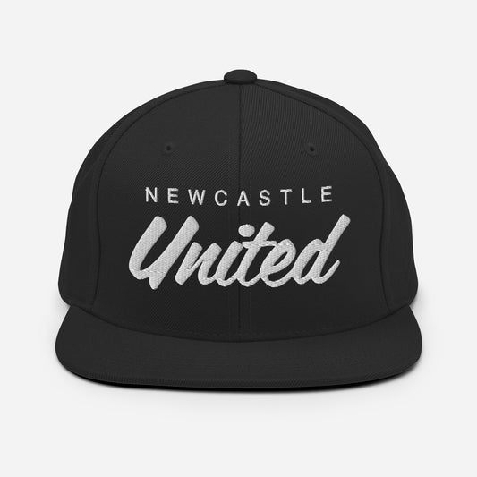 Vintage Newcastle United FC snapback hat with a retro design featuring the club's name embroidered on the front of a flat bill, and an adjustable strap, celebrating the Magpies and their storied history