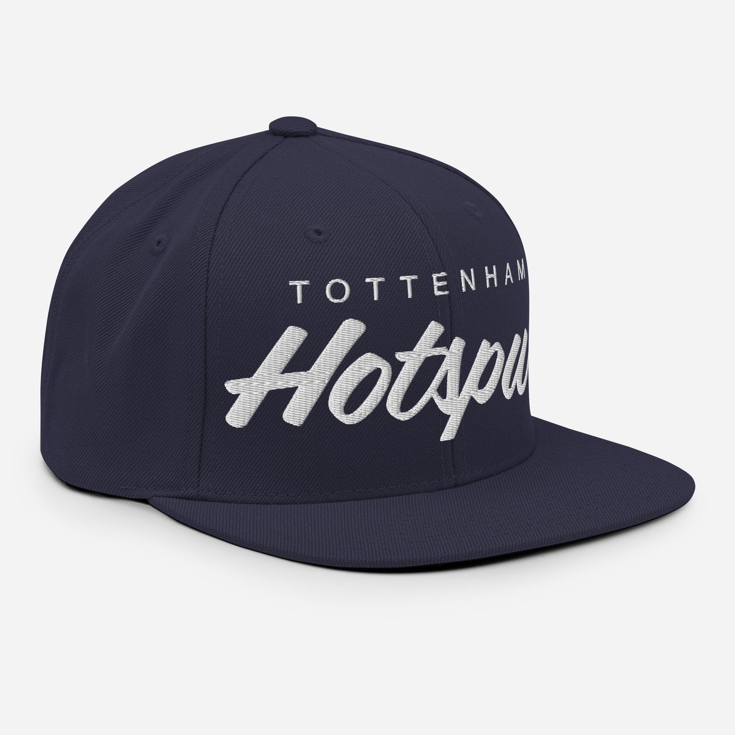 Right side of Vintage Tottenham Hotspur FC snapback hat with a retro design featuring the club's name embroidered on the front of a flat bill with an adjustable strap, showcasing official fan gear for Spurs supporters