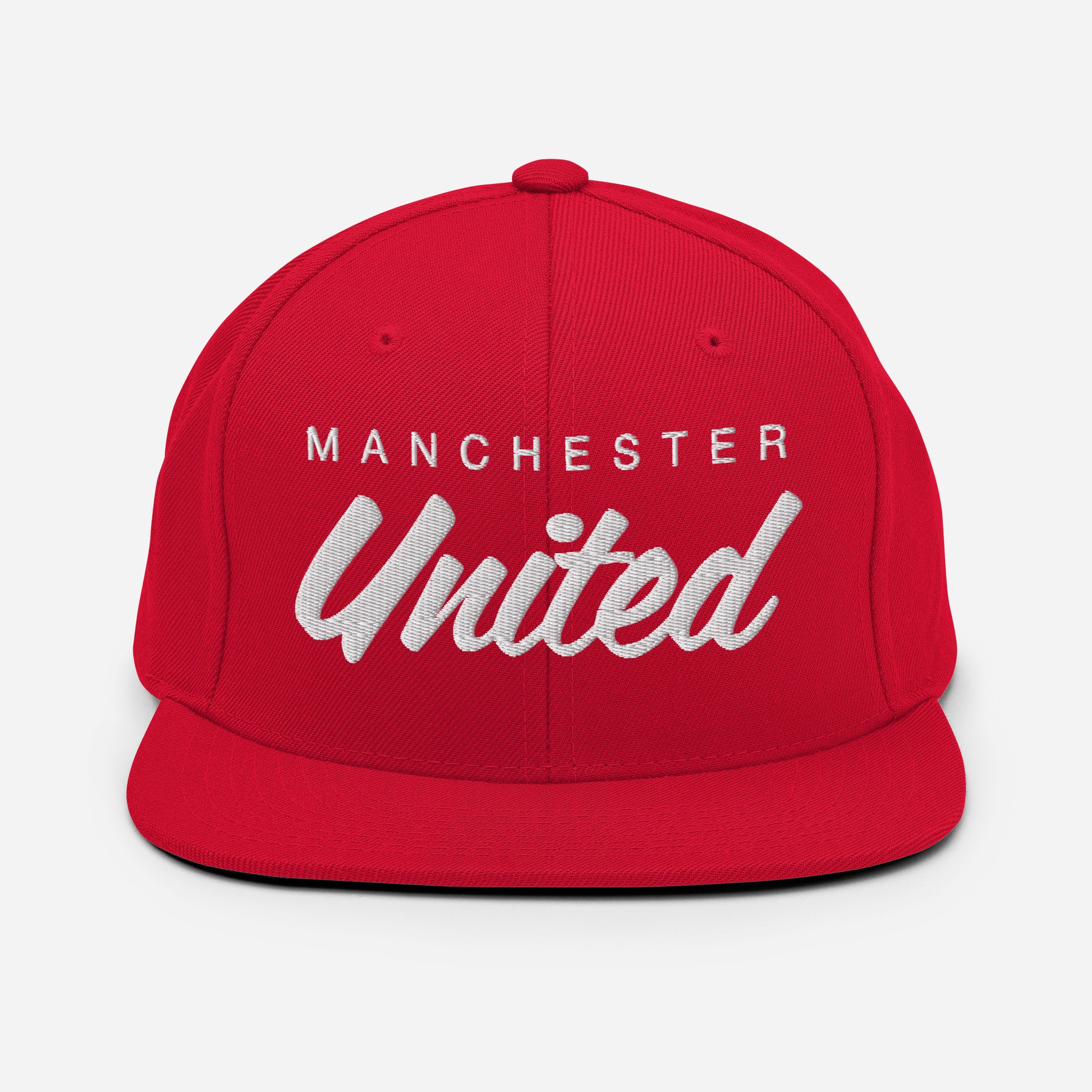 Red Vintage Manchester United FC snapback hat with a retro design featuring the club's name embroidered on the front of a flat bill cap with an adjustable strap, representing official fan gear for Manchester United supporters