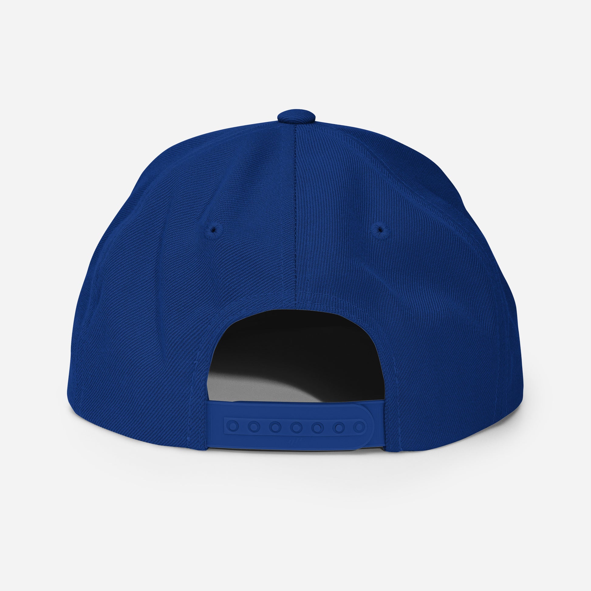 Back of Blue vintage West London Chelsea FC snapback hat featuring a retro design with the club's name embroidered on the front of a flat bill cap, complete with an adjustable strap, showcasing official fan gear for Chelsea supporters